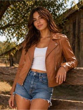 Guess Faux Leather Moto Jacket Cognac color. Zippered Details